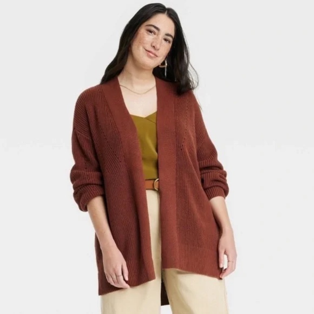 Open Front Cotton Knit Cardigan in Brown / Rust Universal Thread